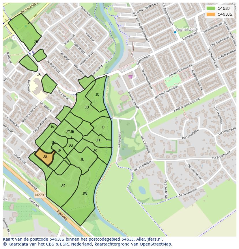 Afbeelding van het postcodegebied 5463 JS op de kaart.
