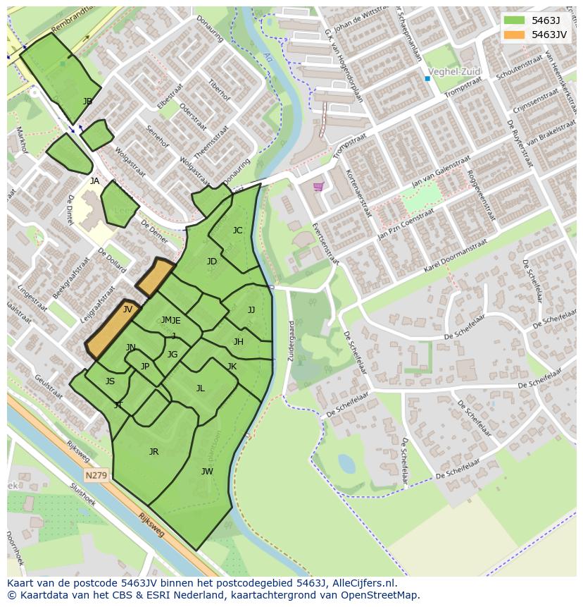 Afbeelding van het postcodegebied 5463 JV op de kaart.