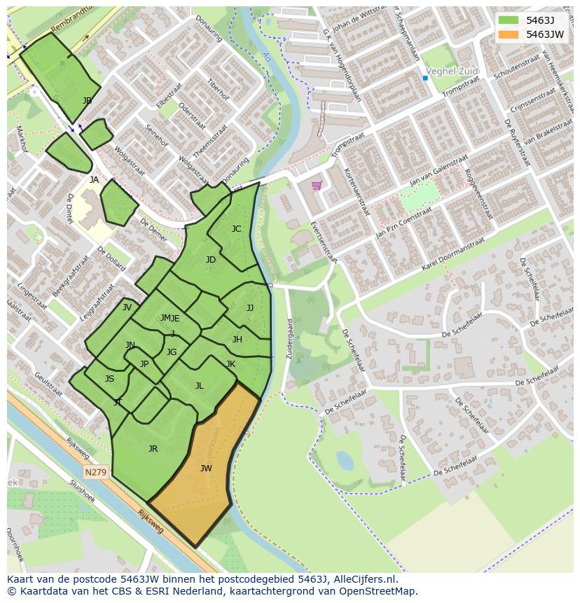Afbeelding van het postcodegebied 5463 JW op de kaart.