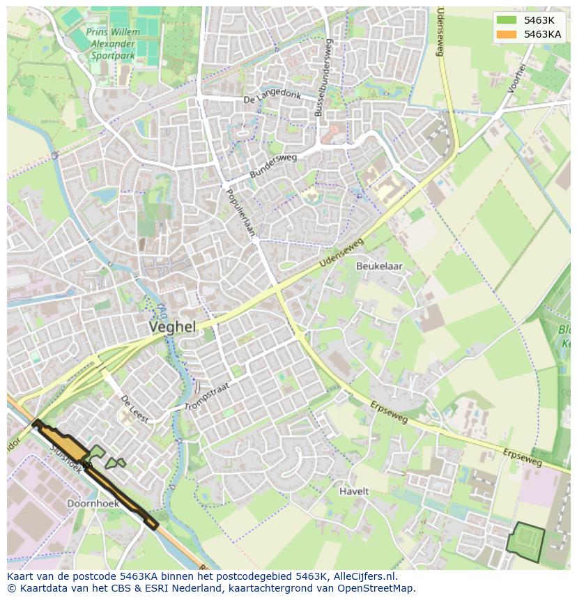 Afbeelding van het postcodegebied 5463 KA op de kaart.