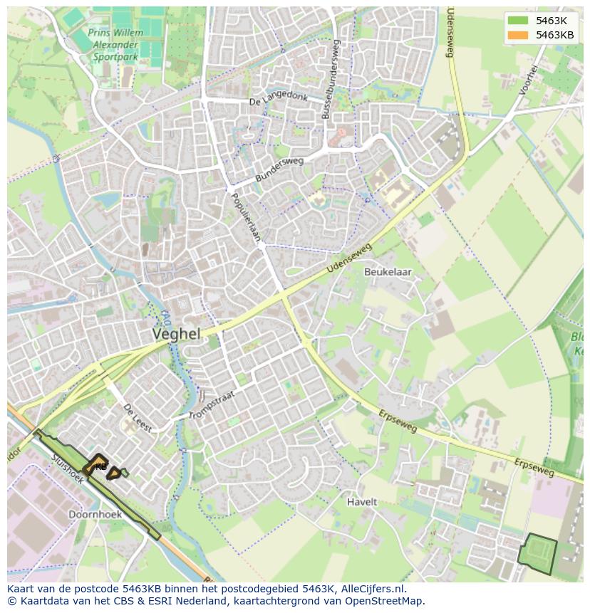 Afbeelding van het postcodegebied 5463 KB op de kaart.