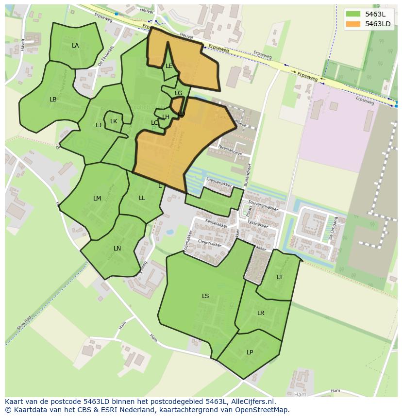 Afbeelding van het postcodegebied 5463 LD op de kaart.