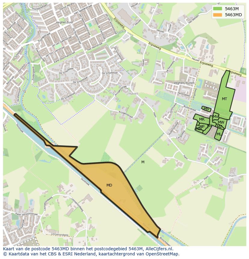 Afbeelding van het postcodegebied 5463 MD op de kaart.