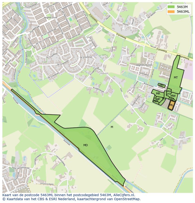Afbeelding van het postcodegebied 5463 ML op de kaart.