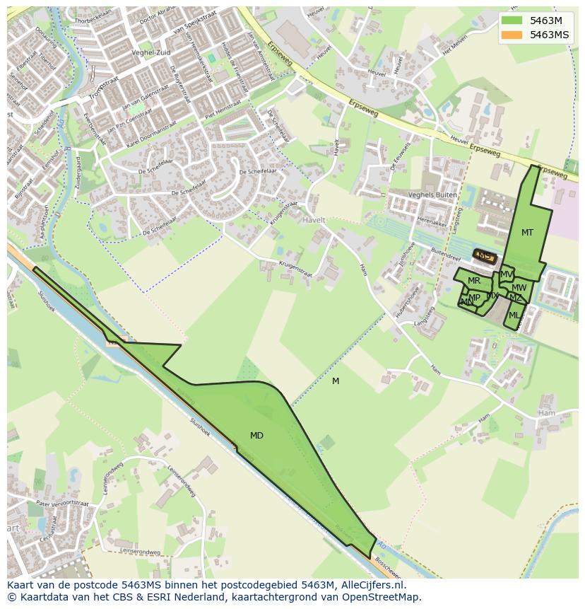 Afbeelding van het postcodegebied 5463 MS op de kaart.
