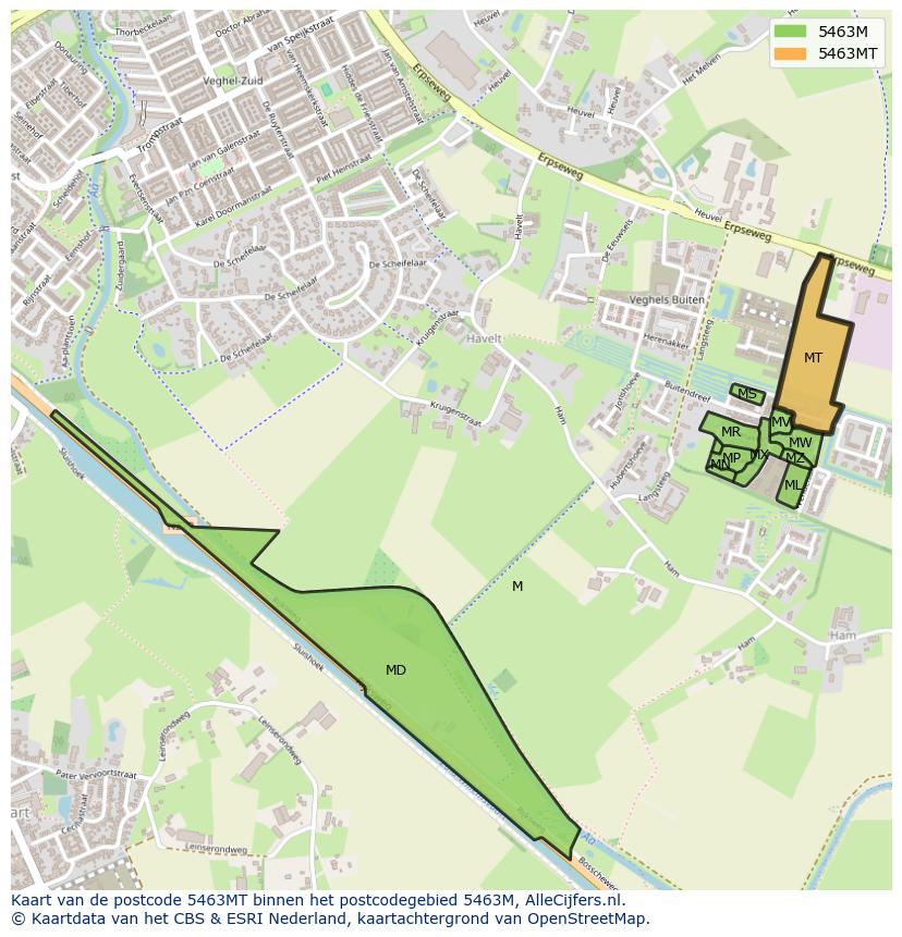 Afbeelding van het postcodegebied 5463 MT op de kaart.