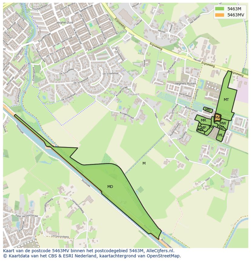 Afbeelding van het postcodegebied 5463 MV op de kaart.