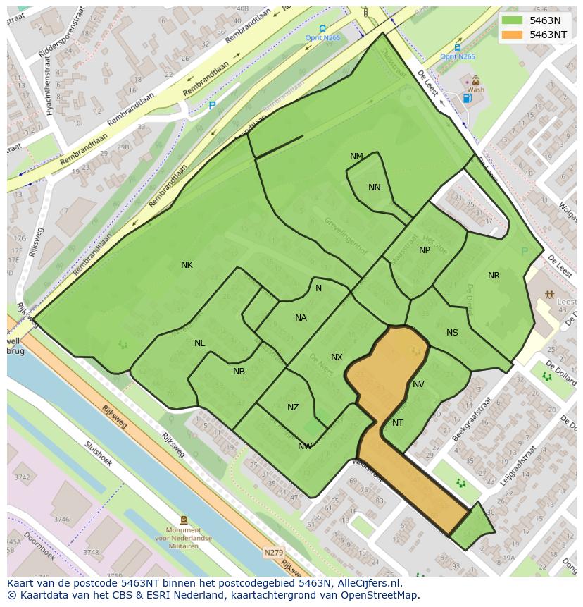 Afbeelding van het postcodegebied 5463 NT op de kaart.