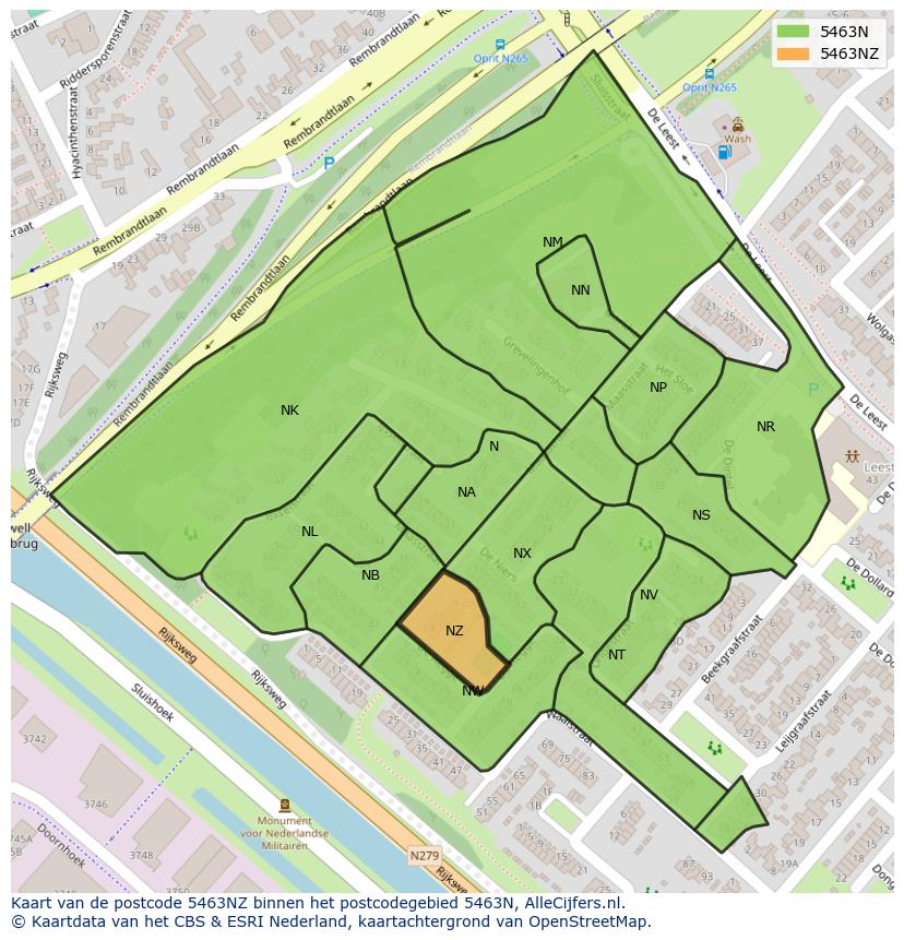 Afbeelding van het postcodegebied 5463 NZ op de kaart.