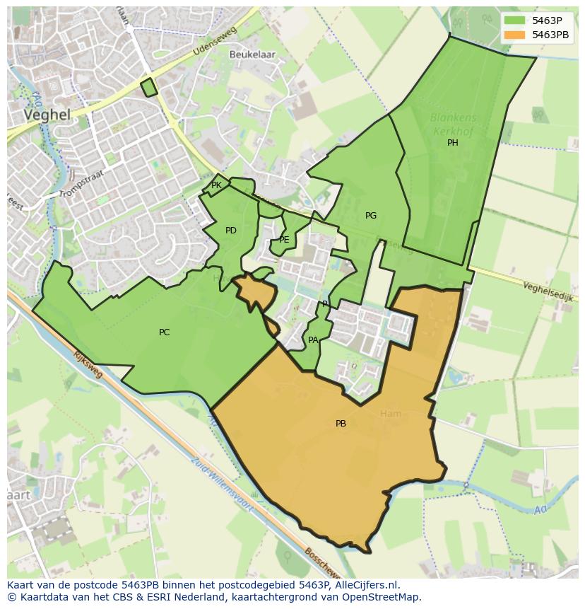 Afbeelding van het postcodegebied 5463 PB op de kaart.