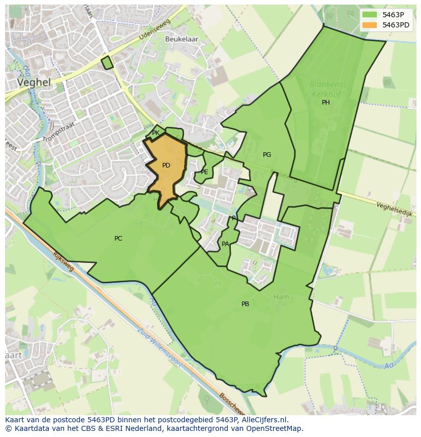 Afbeelding van het postcodegebied 5463 PD op de kaart.