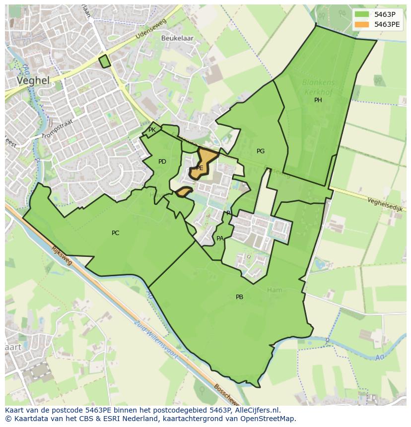 Afbeelding van het postcodegebied 5463 PE op de kaart.