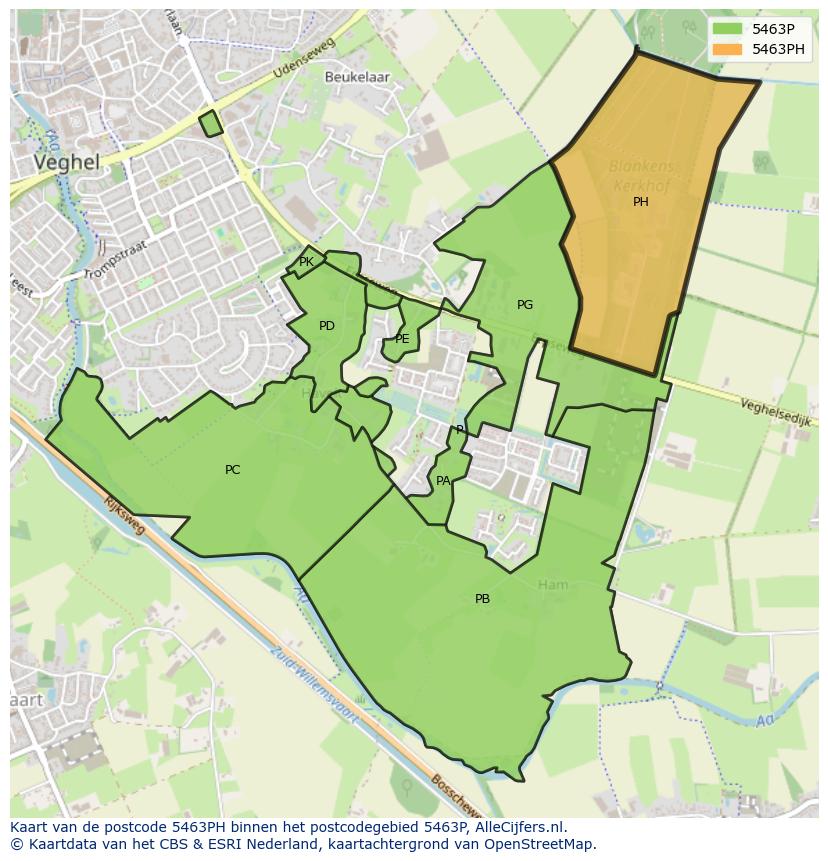 Afbeelding van het postcodegebied 5463 PH op de kaart.