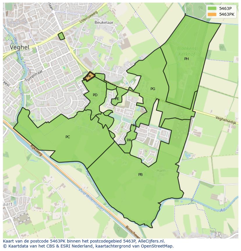 Afbeelding van het postcodegebied 5463 PK op de kaart.