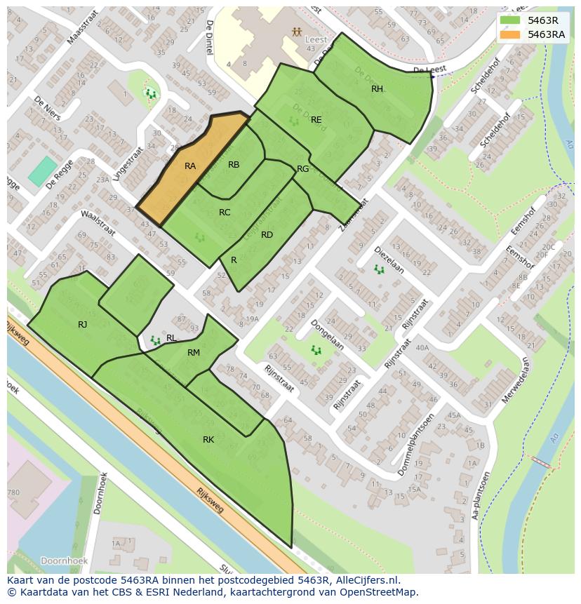 Afbeelding van het postcodegebied 5463 RA op de kaart.