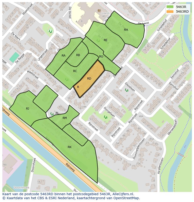 Afbeelding van het postcodegebied 5463 RD op de kaart.
