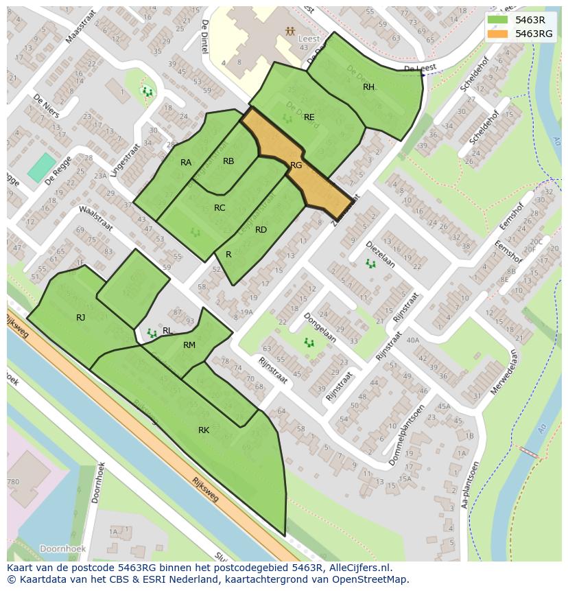 Afbeelding van het postcodegebied 5463 RG op de kaart.
