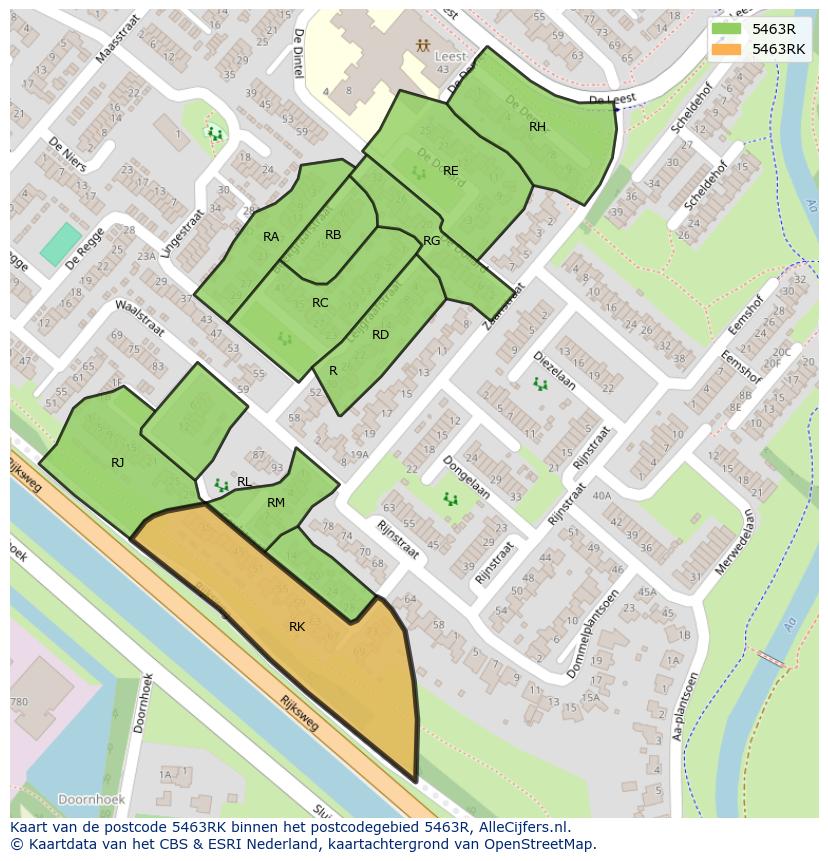 Afbeelding van het postcodegebied 5463 RK op de kaart.