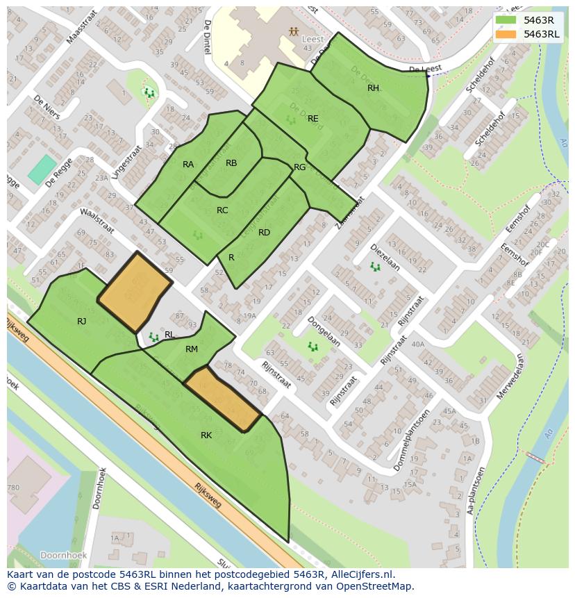 Afbeelding van het postcodegebied 5463 RL op de kaart.