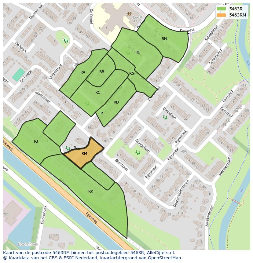 Afbeelding van het postcodegebied 5463 RM op de kaart.