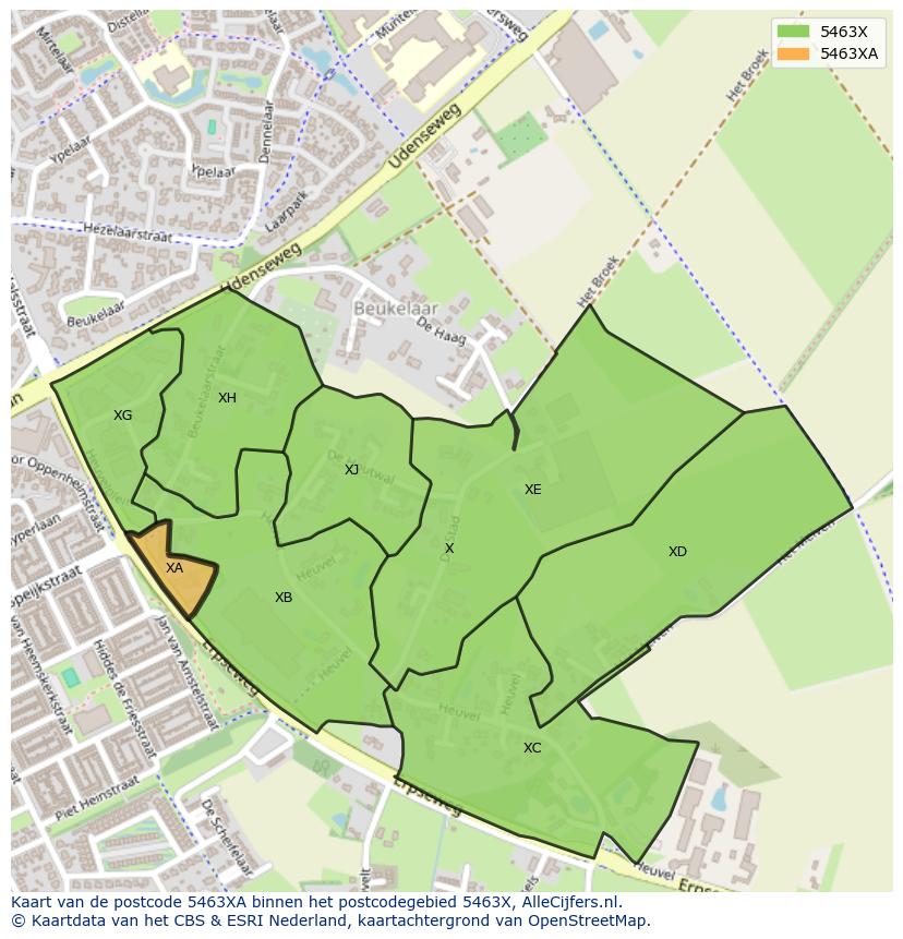 Afbeelding van het postcodegebied 5463 XA op de kaart.