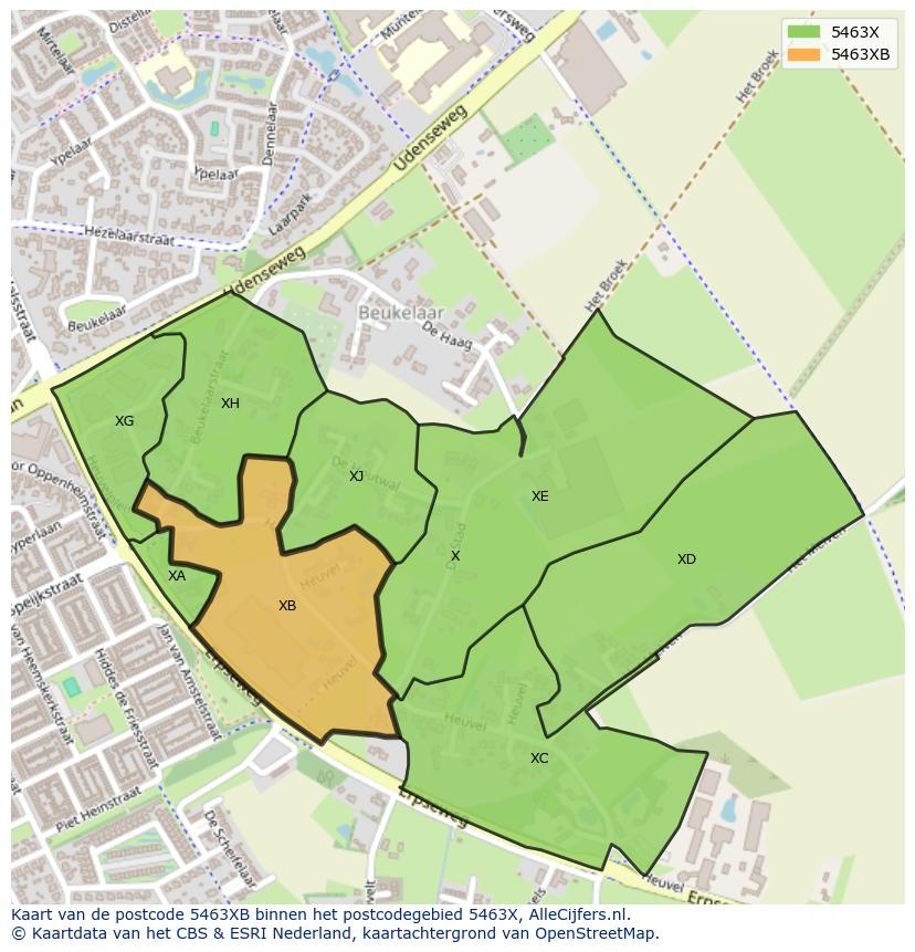 Afbeelding van het postcodegebied 5463 XB op de kaart.