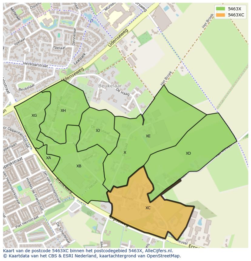 Afbeelding van het postcodegebied 5463 XC op de kaart.