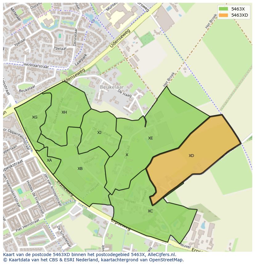 Afbeelding van het postcodegebied 5463 XD op de kaart.
