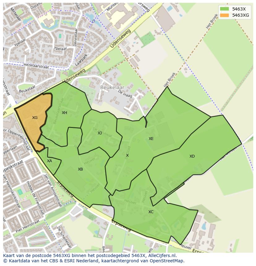 Afbeelding van het postcodegebied 5463 XG op de kaart.