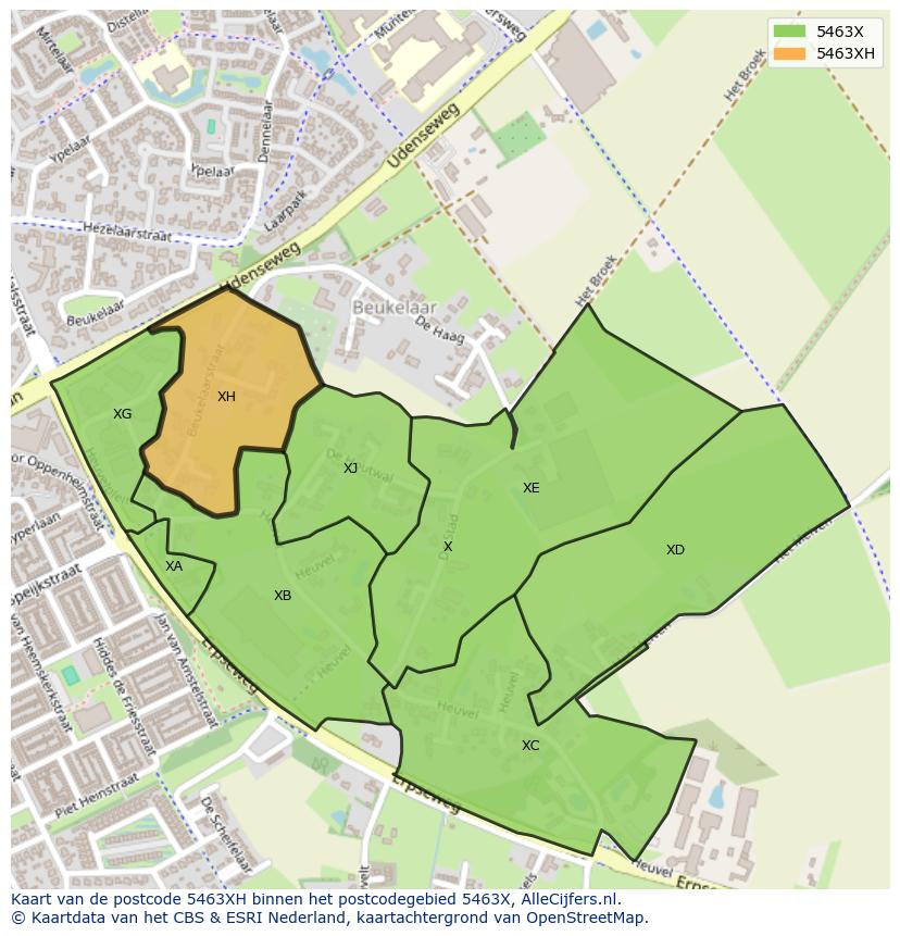 Afbeelding van het postcodegebied 5463 XH op de kaart.