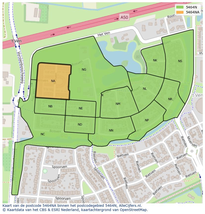 Afbeelding van het postcodegebied 5464 NA op de kaart.