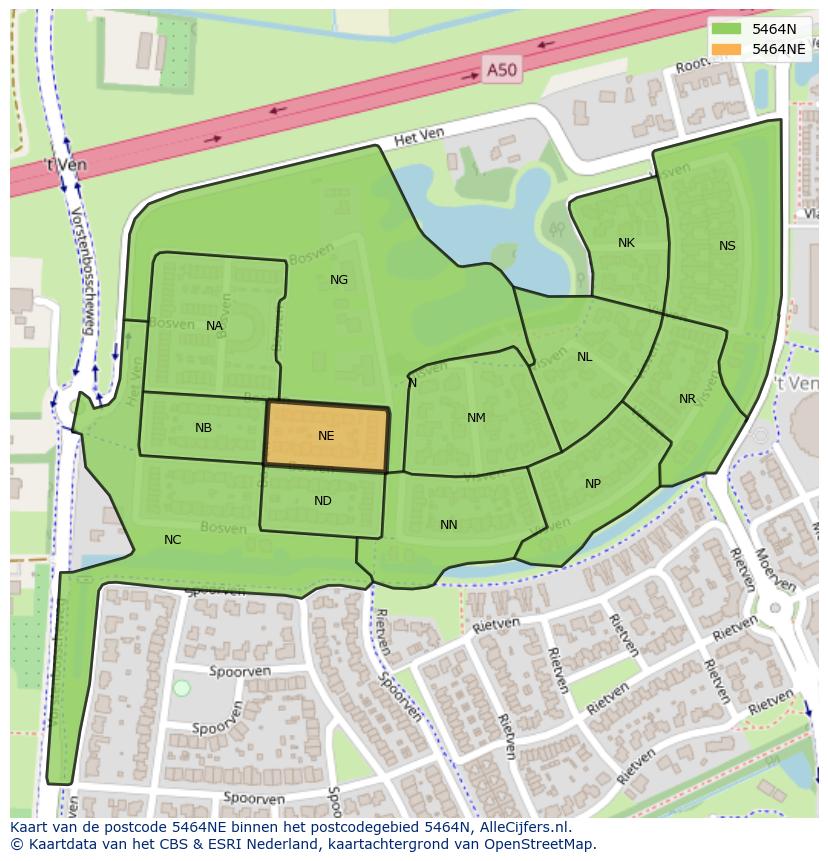 Afbeelding van het postcodegebied 5464 NE op de kaart.