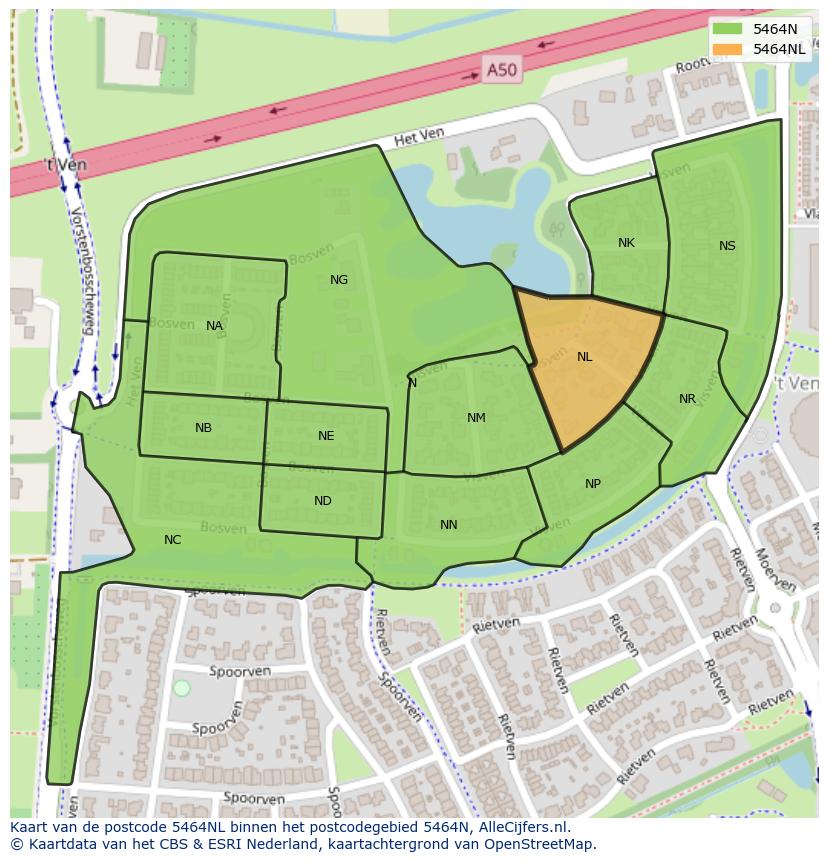 Afbeelding van het postcodegebied 5464 NL op de kaart.