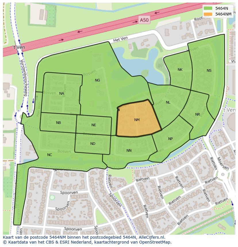 Afbeelding van het postcodegebied 5464 NM op de kaart.