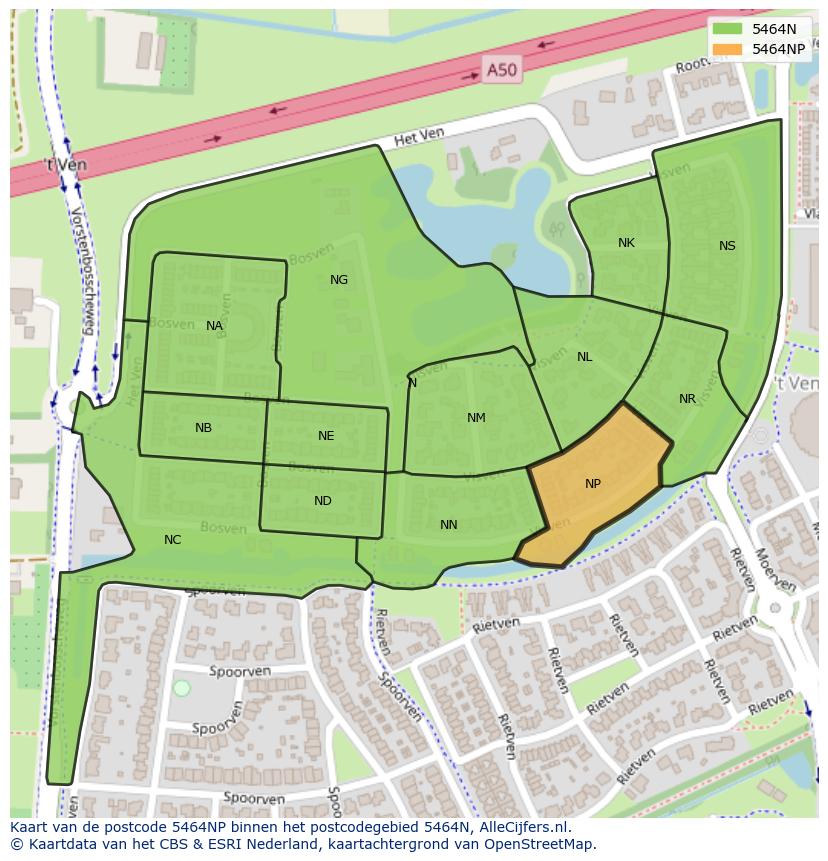 Afbeelding van het postcodegebied 5464 NP op de kaart.