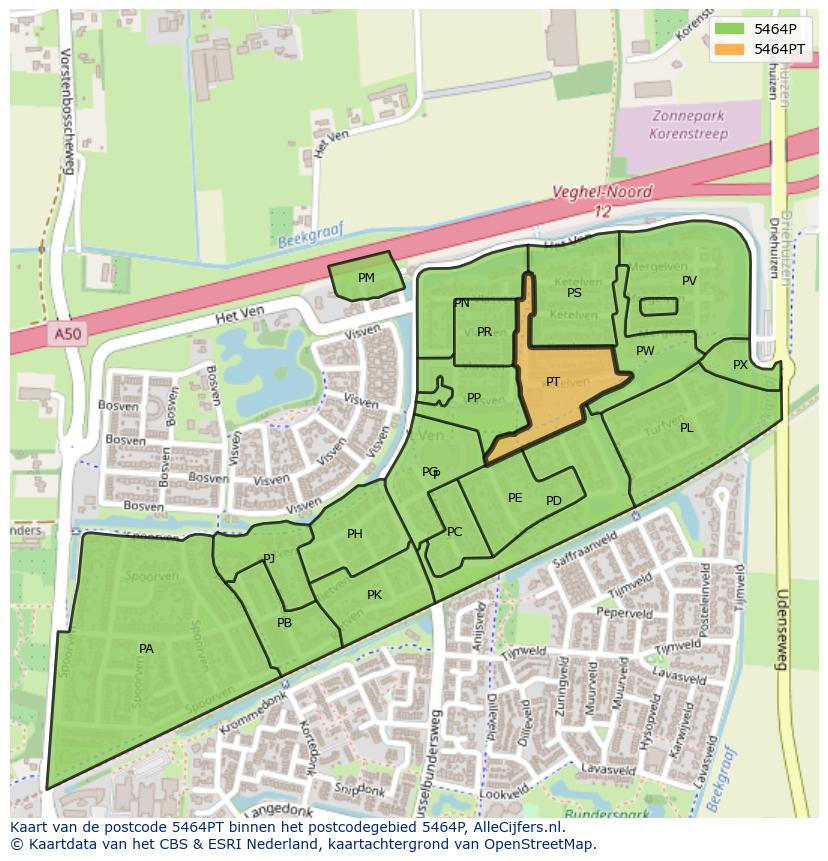 Afbeelding van het postcodegebied 5464 PT op de kaart.