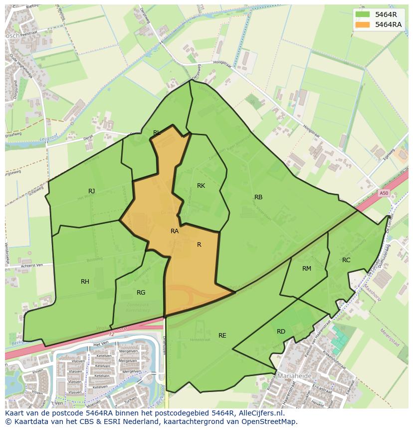 Afbeelding van het postcodegebied 5464 RA op de kaart.
