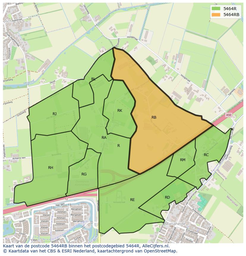 Afbeelding van het postcodegebied 5464 RB op de kaart.