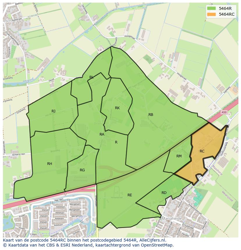 Afbeelding van het postcodegebied 5464 RC op de kaart.
