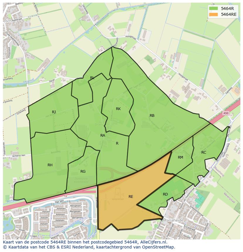 Afbeelding van het postcodegebied 5464 RE op de kaart.