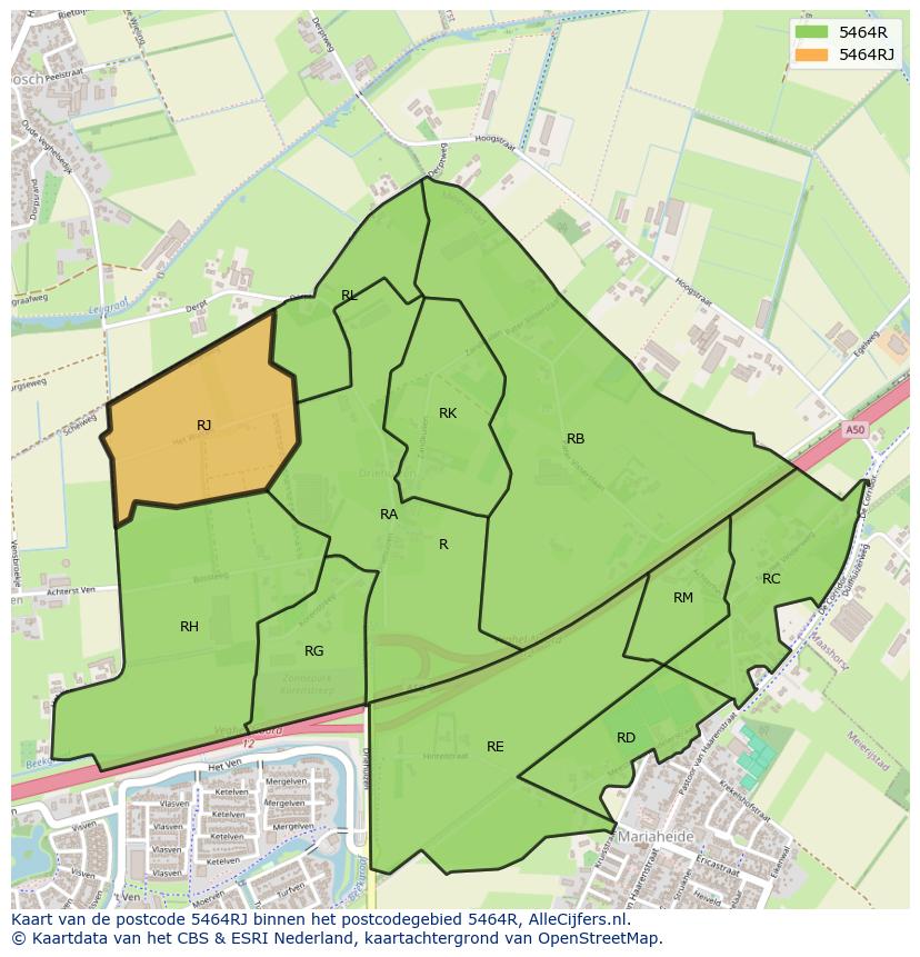 Afbeelding van het postcodegebied 5464 RJ op de kaart.
