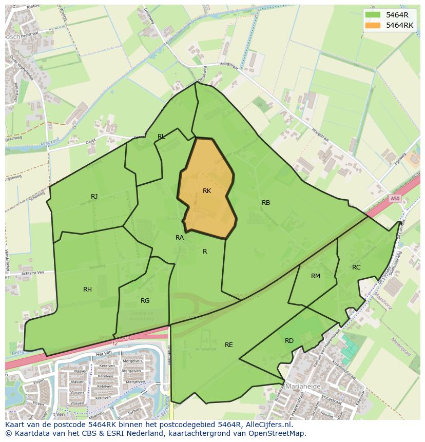 Afbeelding van het postcodegebied 5464 RK op de kaart.