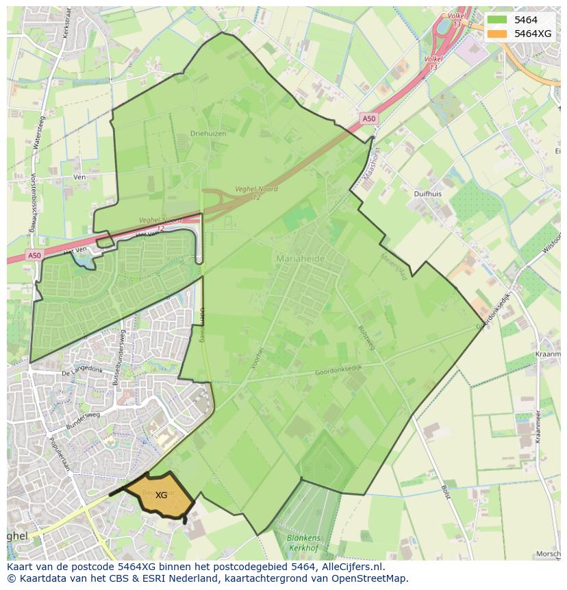 Afbeelding van het postcodegebied 5464 XG op de kaart.