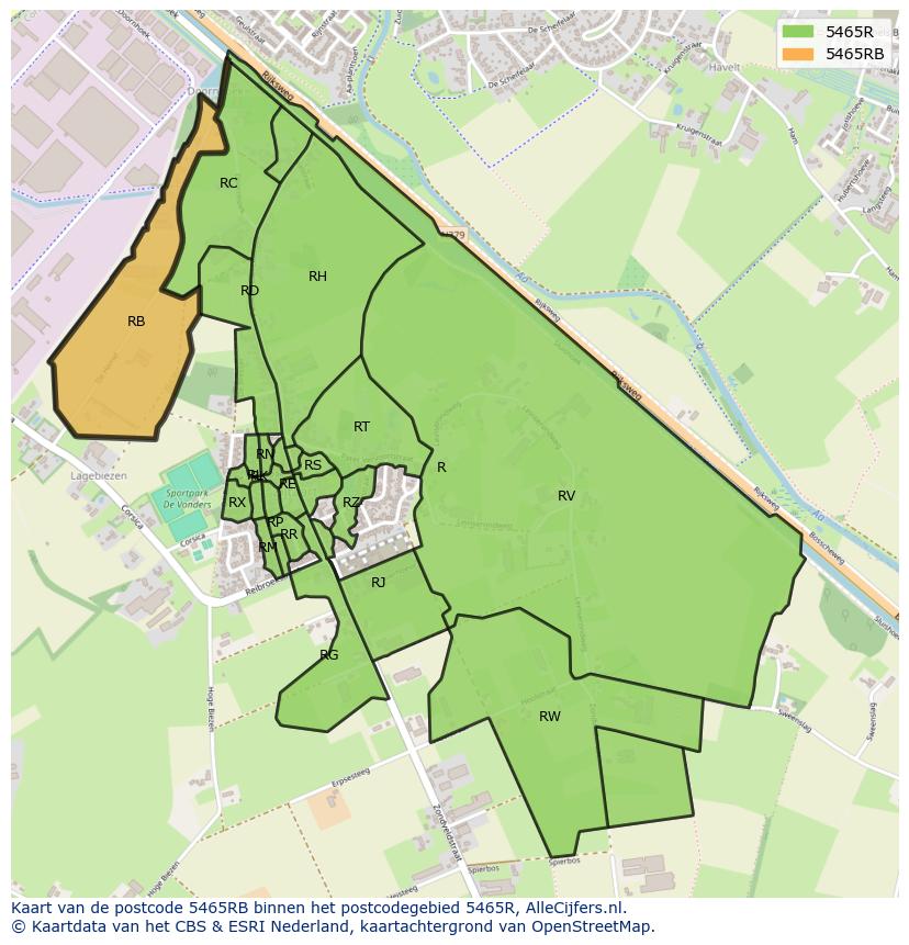 Afbeelding van het postcodegebied 5465 RB op de kaart.