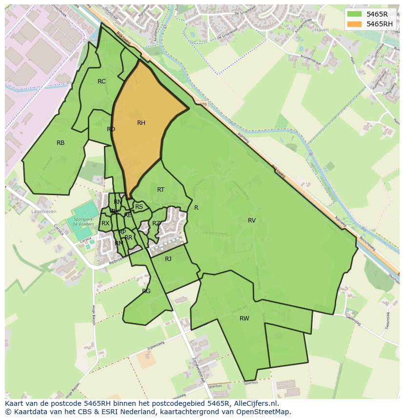 Afbeelding van het postcodegebied 5465 RH op de kaart.