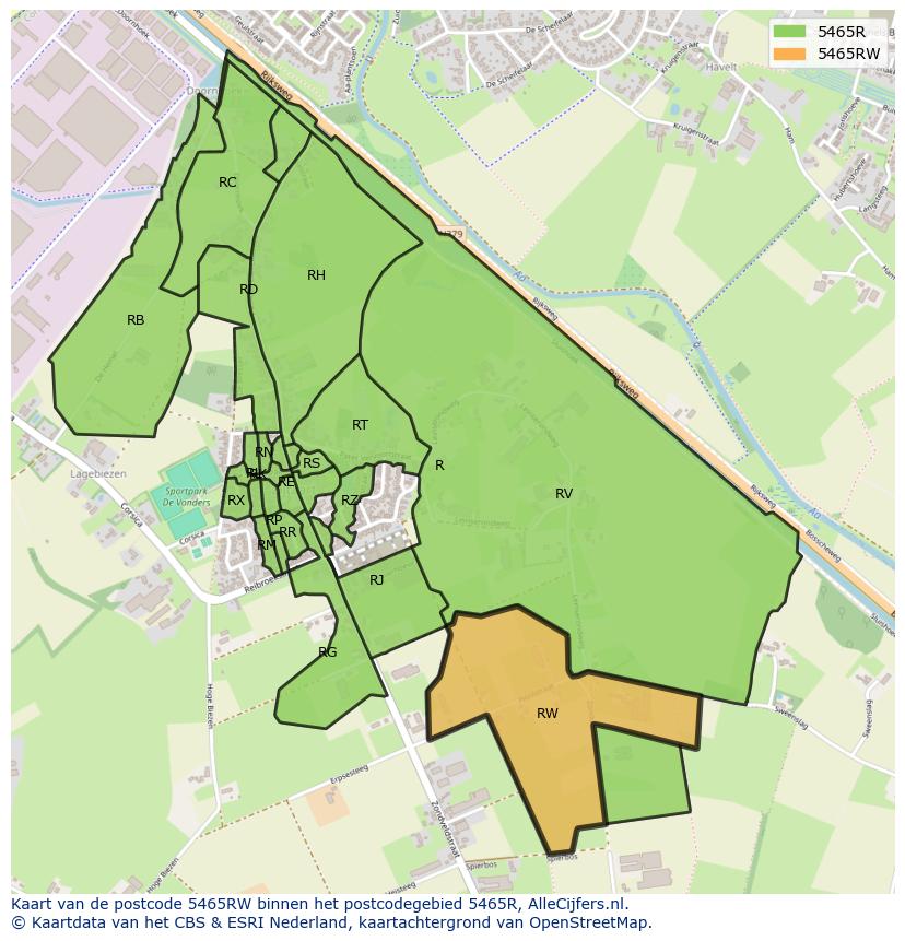 Afbeelding van het postcodegebied 5465 RW op de kaart.