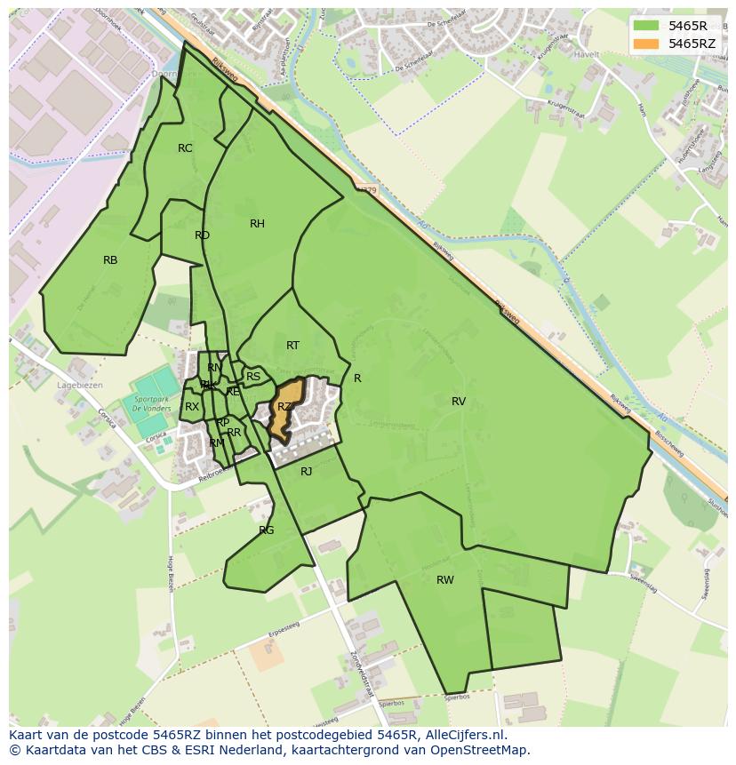 Afbeelding van het postcodegebied 5465 RZ op de kaart.