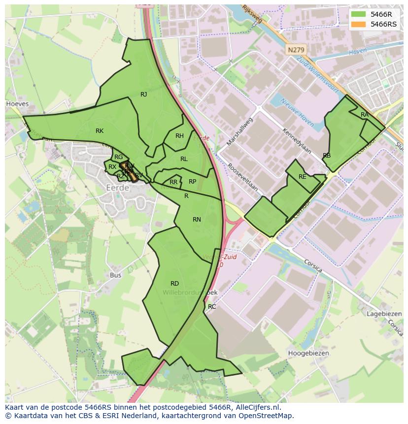 Afbeelding van het postcodegebied 5466 RS op de kaart.