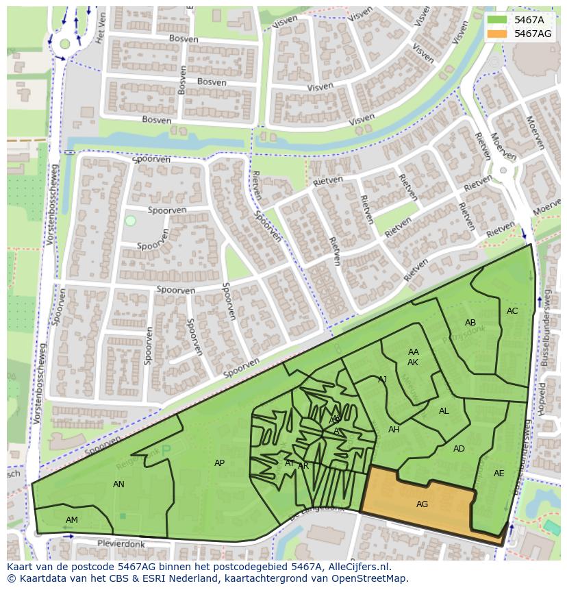 Afbeelding van het postcodegebied 5467 AG op de kaart.