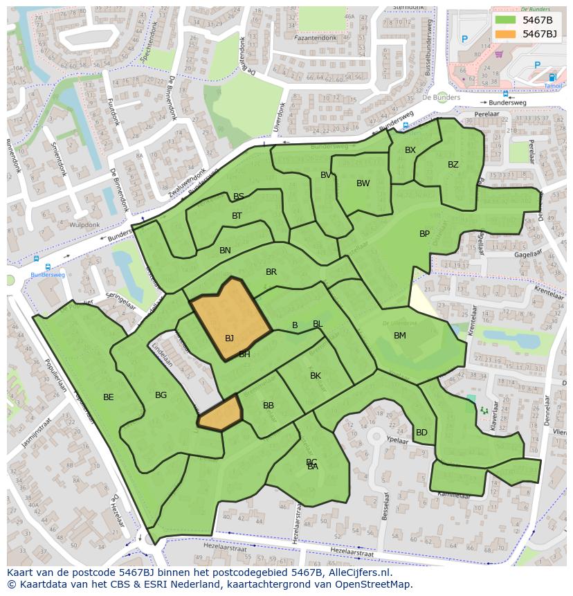 Afbeelding van het postcodegebied 5467 BJ op de kaart.